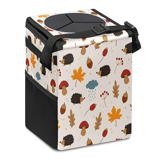 Car Trash Can Hedgehogs Maple Leaves Mushroom Wate-rproof Auto Garbage Bag Car Trash Can with Lid Leak-Proof Car Storage Bag Hanging for Headrest Collapsible and Portable with Storage Mesh Pocket