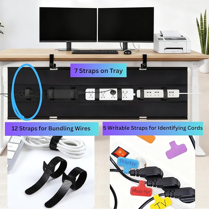 Under Desk Cable Management Tray, 36" Large No Drill Cord Organizer with Easy to Clean Oxford Fabric, Clamp On Power Stripe Holder for Home Office & Gaming Space to Hide Wires