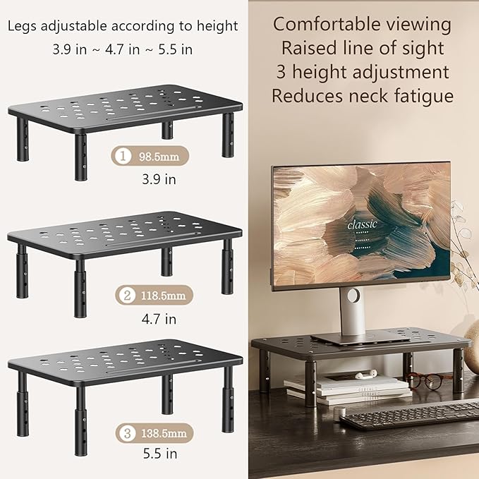 Monitor Stand Riser for Desk, 3 Height Adjustable (3.9/4.7/5.5 Inch) Heavy Duty Carbon Steel + PE Computer Stand, Ergonomic Laptop Riser, For PC Printer Dual Screens ??14.6 x 9.1 Inch Black