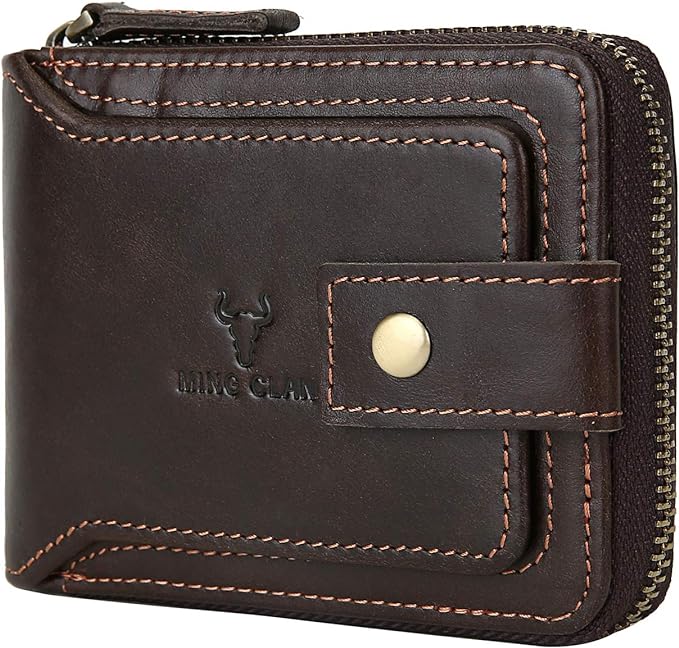 MING CLAN Leather RFID Blocking Bifold Wallet For Men With Zipper, Flap ID Window Zip Coin Pocket, Big Capacity Credit Card Holder For Travel