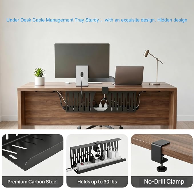 Under Desk Cable Management Tray, Cord Organizer for Desk Cable Management Tray Under Desk with Clamp for Home Office, Standing Desk(1Pack，Black)
