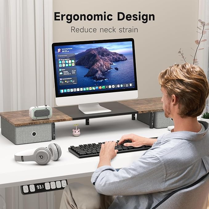 Suptek Dual Monitor Stand Riser with Two Drawers,Monitor Riser for 2 Monitors with Storage, Extra Large Storage for 2 Monitors, Multifunctional Desktop Organizer,Desktop Oraganizer Computer,Laptop,Printer,TV