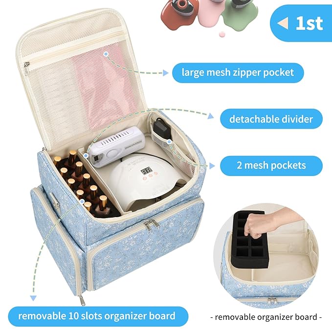 CUBETASTIC Extra Large Nail Polish Organizer Case Holds 86 to 100+ Bottles Nail Polish & Nail Lamp, Nail Supplies Storage Carrying Bag with 2 Removable Pouches, White Floral in Blue