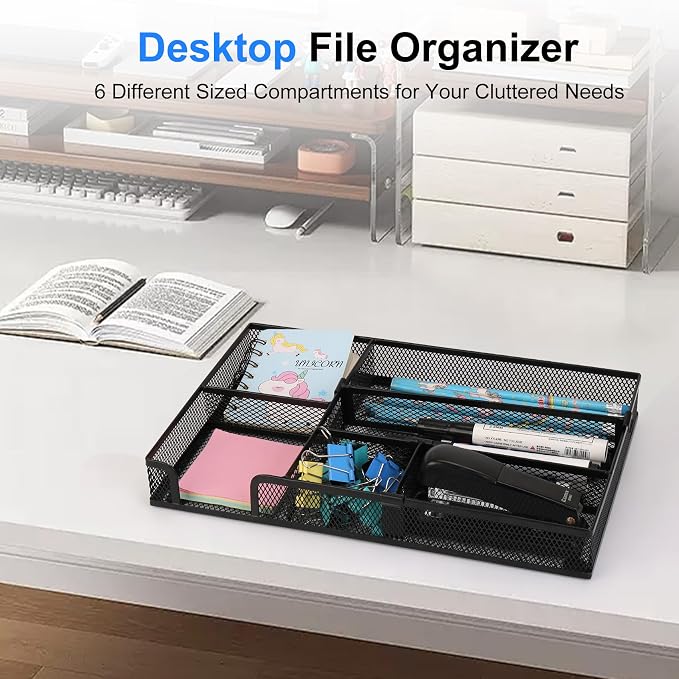Desk Drawer Organizer Tray with 2 Adjustable Compartments, Metal Mesh Drawer Organizer, Multifunctional Desktop Drawer Organizer Organizer Set for Office, Home and School Supplies, 2.6x8.26x1.57 in