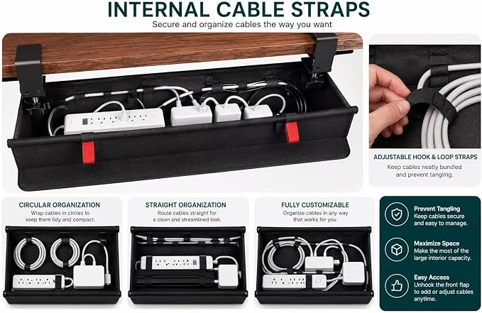 Under Desk Cable Management Tray, 90CM Extra Large, No-Drill Clamp Mount Cable Organizer, Hide Power Strips, Adapters & Wires, Easy Access Fabric Cable Basket for Standing Desks & Home Offices