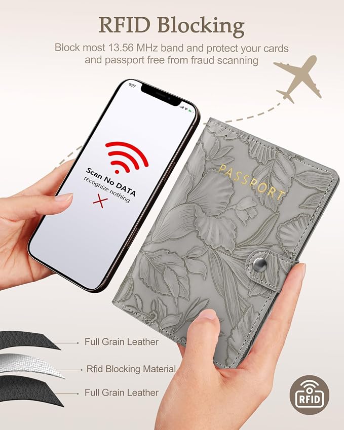 Slohif Floral Embossed Passport Wallet - Elegant Passport Wallet with AirTag Holder & RFID Blocking Slim Vegan Leather Passport Cover with Money Pocket and Card Slots Elephant Gray