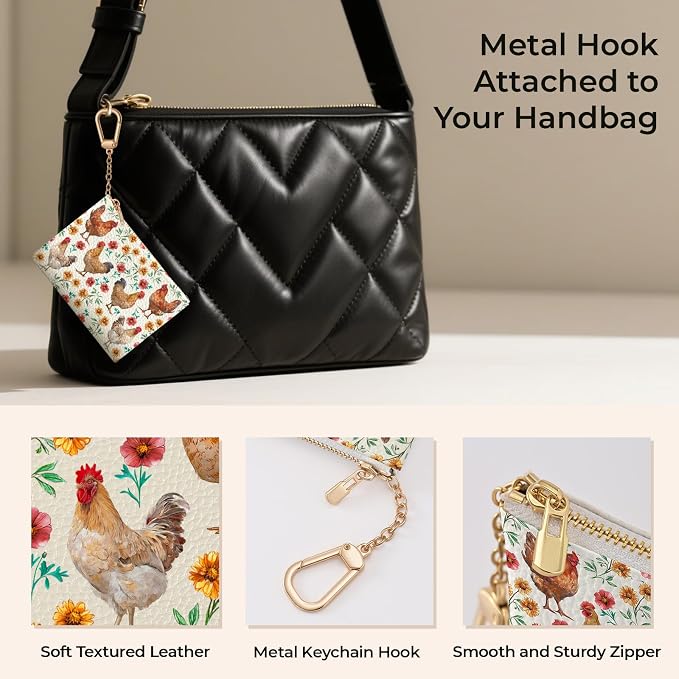 Chicken Rooster Floral Cute Keychain Coin Purse for Women, Small PU Leather Change Pouch, Zipper Little Travel Credit Card Wallet for Girls, Tiny Pocket Holder with Key Ring Ladies Gifts