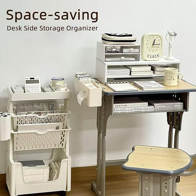 Desk Side Storage Organizer, Desk Cup Holder, No Drill Pen/Pencil/Phone Holder with Hanging Under Table, Clamp On Desktop Side, Stationery Organization Accessories for Home Office(L-size)