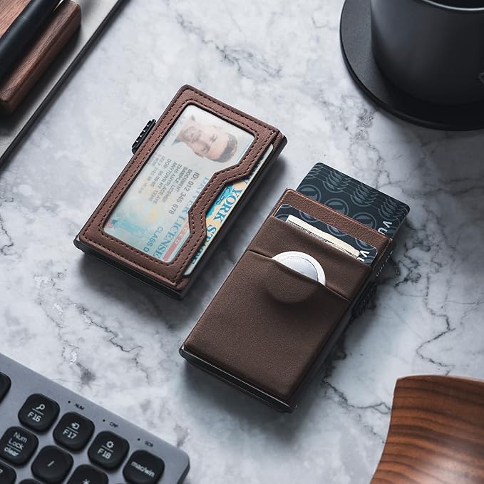VULKIT Minimalist Wallet with ID Window & EDC Pocket Pop Up Card Holder RFID Blocking Slim Wallet Design for Airtag Cash Coins & Credit Cards
