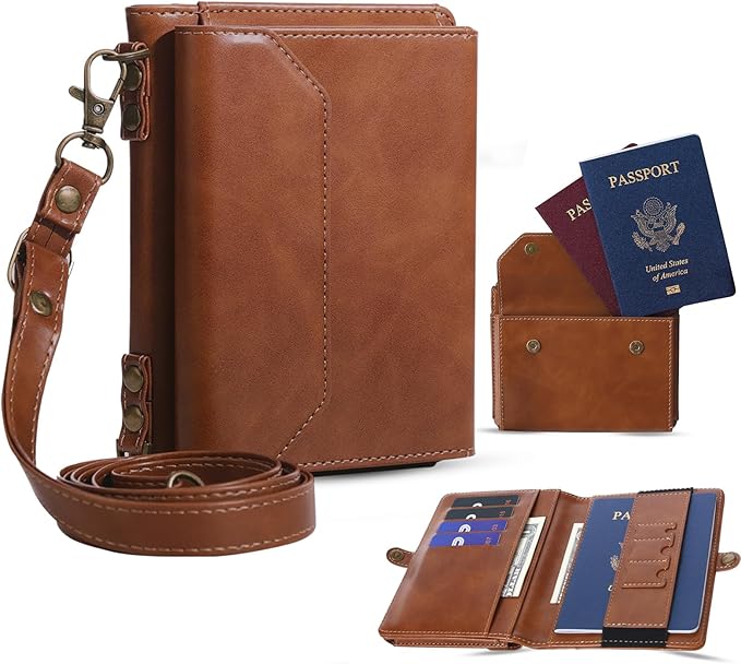 ASAPDOS RFID Blocking Family Passport Holder Wallet,Hold 2-3 Passports for Travel with Credit Card Slots & Wrist Crossbody Strap Brown
