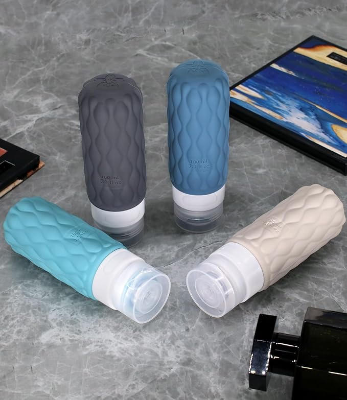 100 ml Silicone Travel Bottles for Toiletries with Labels/Clear Bag, Holiday Travel Essentials Leakproof Refillable Squeeze Travel Size Containers Set for Shampoo and Conditioner