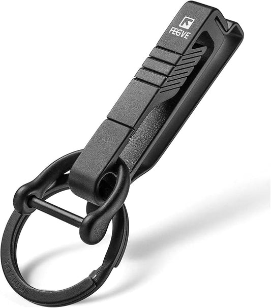 FEGVE Key Belt Clip, Titanium Belt Key Holder Carabiner Keychain Clip with Titanium Key Ring and D-Shaped Keyring for Men（Black）