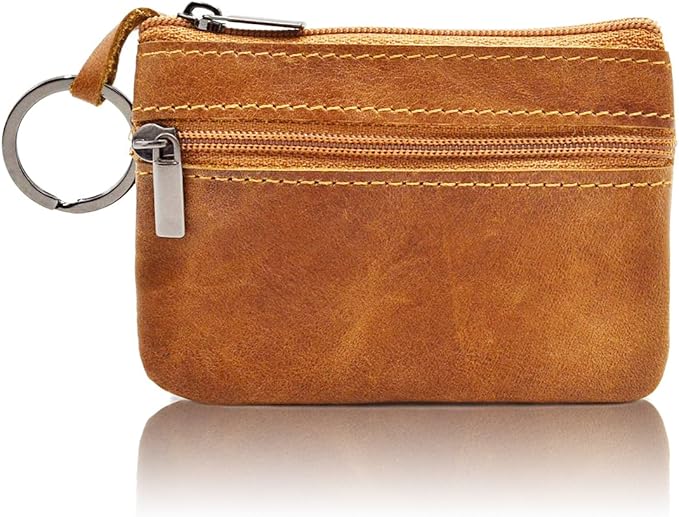 Freezx Women Genuine Leather Coin Pouch Zip Mini Purse Wallet Key Chain Double Zipper