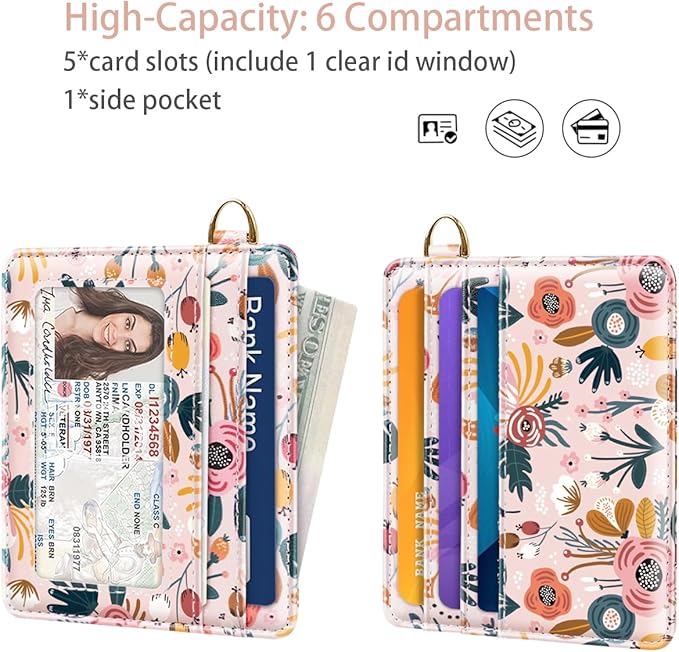 Slim Minimalist Front Pocket RFID Blocking Credit Card Holder Small Wallet Cute Card Cases for Women,Pink Flowers