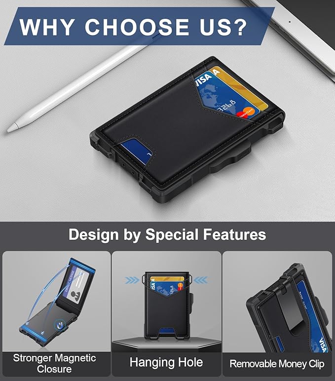 GHUKY Wallet for Men, Minimalist Slim Mens Wallet with Money Clip, RFID Blocking Smart Pop Up Card Wallet with ID Window, Compact Bifold Wallet,Metal Aluminum Credit Card Holder
