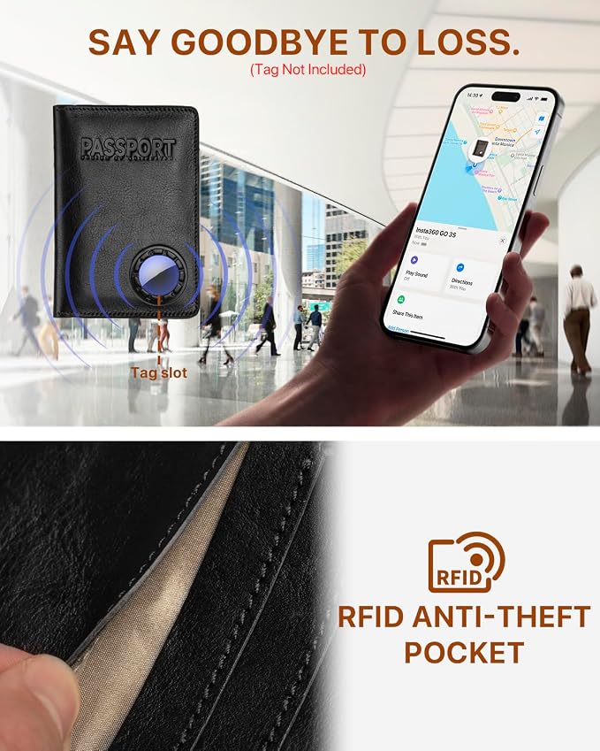 Passport Holder for Travel, Genuine Leather Passport Holder with AirTag Slot, RFID Passport Cover for Airport Essentials, Travel Wallet, Travel Must Haves Gifts