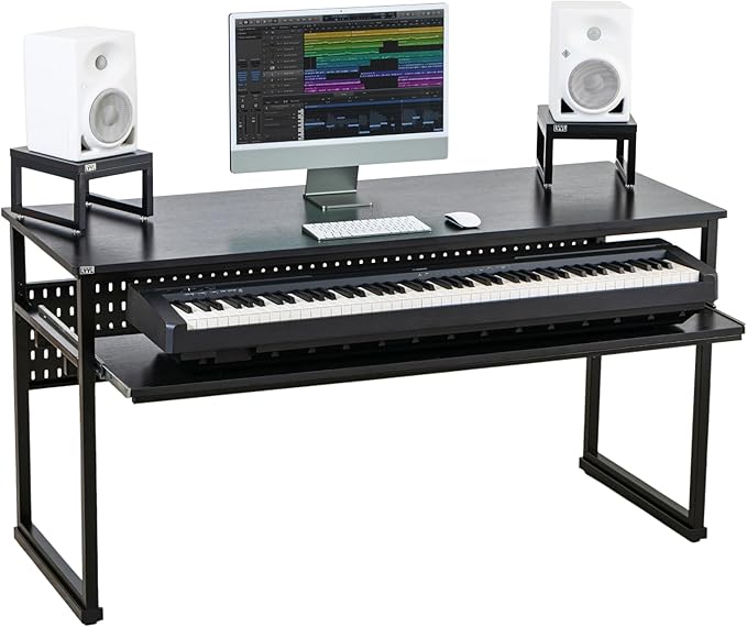 Music Studio Desk with Keyboard Tray and Height Adjustment Bracket, for Full 88 Keys (Music Producer Desk) (Black, 88 Keys)