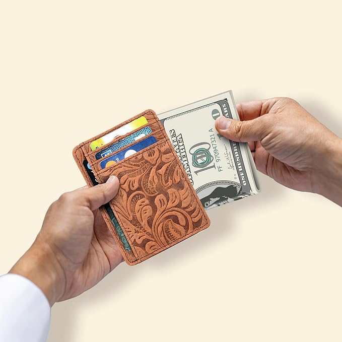 Real Leather Slim Minimalist Wallet for Men and Women -RFID Blocking Front Pocket Thin Credit Card Holder Stylish Wallets (Cognac1)