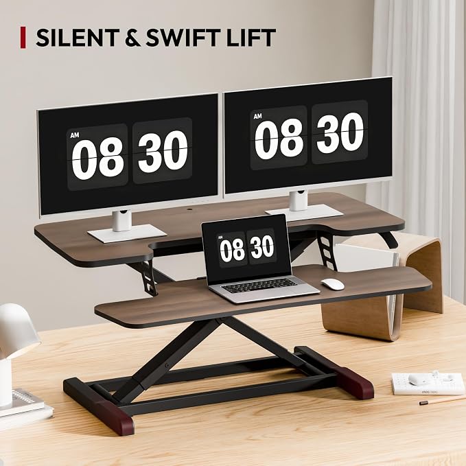 SANODESK 36" Standing Desk Converter, Smooth Mechanical Spring Effortless Lift Sit-Stand Riser for Dual Monitors, Heavy Duty Workstation with Keyboard Tray, Walnut