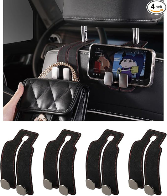 KINIVA Car Seat Headrest Storage Hooks, Set of 2, Suede PU Leather, Double Hooks (Black-4 Pack)