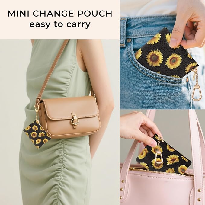 Sunflower Keychain Coin Purse for Women, Small PU Leather Change Pouch, Zipper Little Tiny Travel Wallet for Girls, Cute Kawaii Zip Pocket Coin Holder with Key Ring
