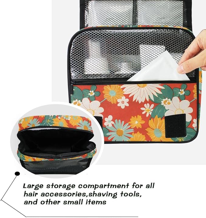senya Hanging Travel Toiletry Bag Kit Boys Makeup Case Cosmetics Organizer for Men Women (Flowers Retro)
