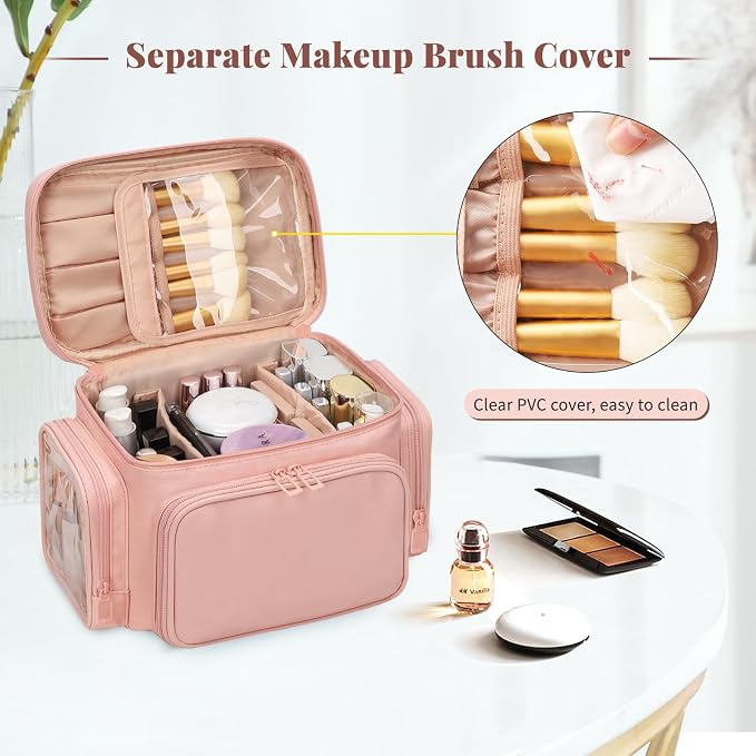Bagmoly Large Makeup Bag, Portable Travel Makeup Bag Organizer for Women Girls with Makeup Brush Compartment & Two Side Pockets, Cosmetic Travel Bag Vertical Storage Toiletry - Pink