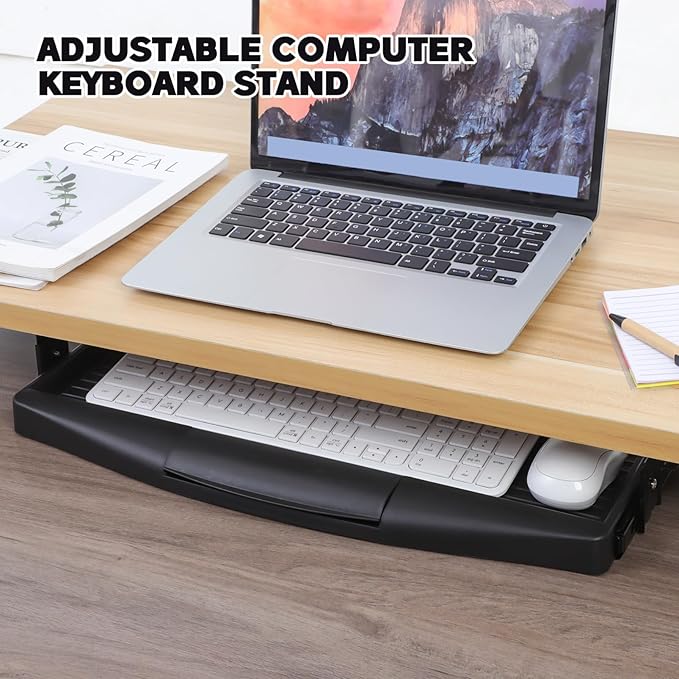 TEHAUX Under Desk Keyboard Tray Slide Out - Adjustable Computer Keyboard Stand with Hidden Storage Drawer 20.67X9.06 Inches Save Space & Reduce Wrist Pain for Home Office & Gaming Desks