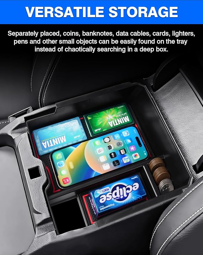 Autorder Center Console Organizer for 2024 2025 2026 Ford Ranger Accessories Armrest Storage Box Secondary Insert Tray with 2 Color Mats (ONIF FIT Electric handbrake Version)
