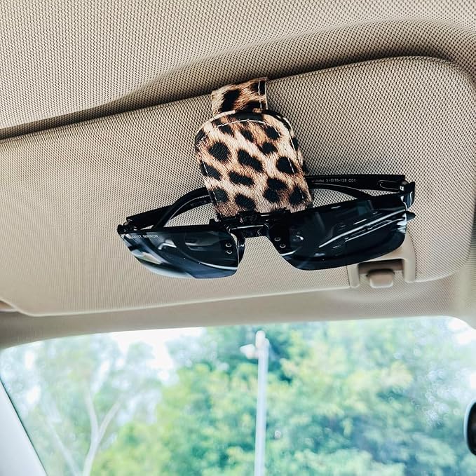 Sunglass Holder for Car Visor, Cheetah Leopard Magnet Sunglasses Holder for car Leather Sunglasses Holder and Ticket Card Clip Car Visor Accessories