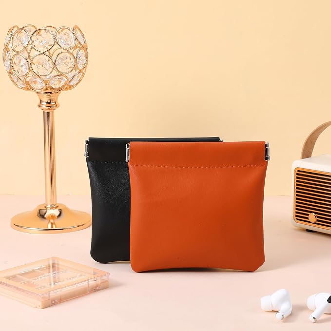 Mini Makeup Bag for Purse, 2 PCS Upgrade PU Small Makeup Pouch, Portable Pocket Cosmetic Bag, Squeeze Top Self-Closing Small Purse Pouch for Women Travel Storage Coin Lipstick Charging Cable Earphones