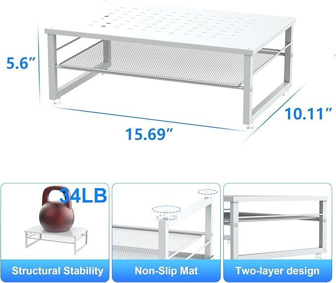 gianotter 2-Tier Metal Monitor Stand Riser, Desk Accessories & Workspace Desk Organizers, Office Desk Storage Organizer for Office Supplies (White)
