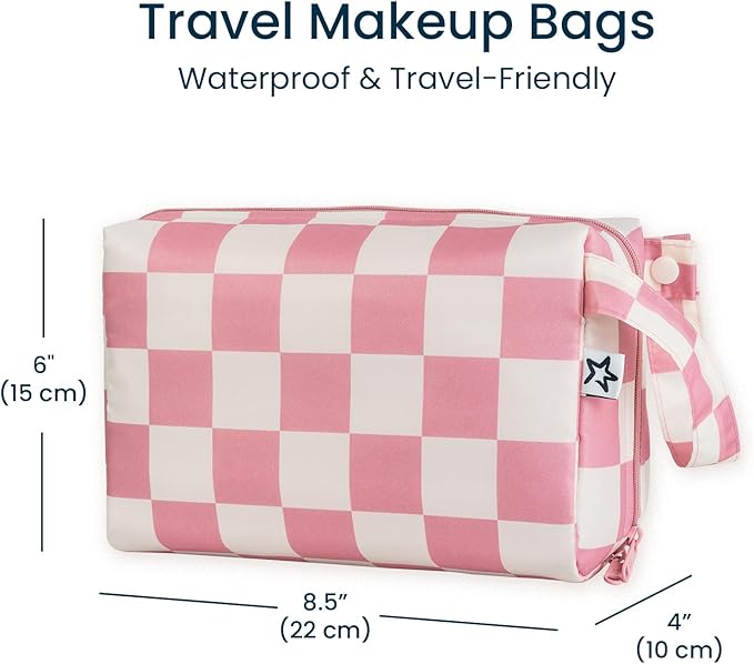 Tiny Twinkle Waterproof Travel Toiletry & Makeup Bag Organizer | Makeup Pouch with Multiple Compartments & Snap Handle for Travel | Gift for Teen Girls and Women（Pink Checkers