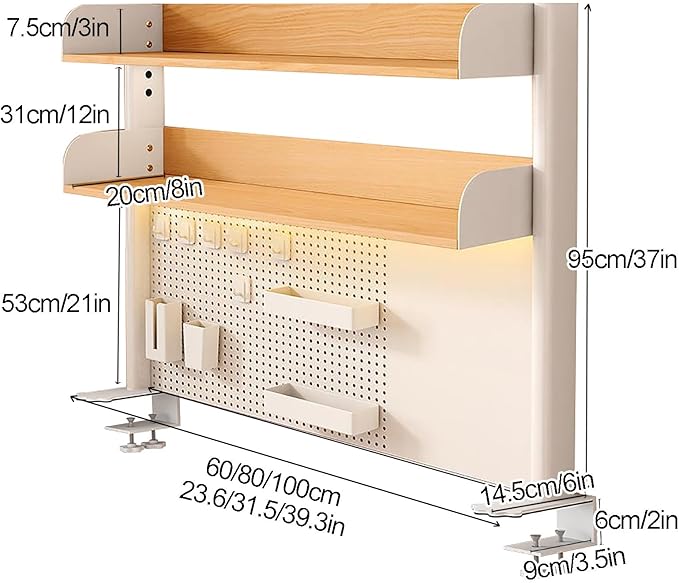 Clamp on Desk Organizer Shelf, 2-Tier Shelving Unit Desk Extender Pegboard Workstation, with Adjustable Storage Tray, for Table Accessories(Natural,80x95cm)