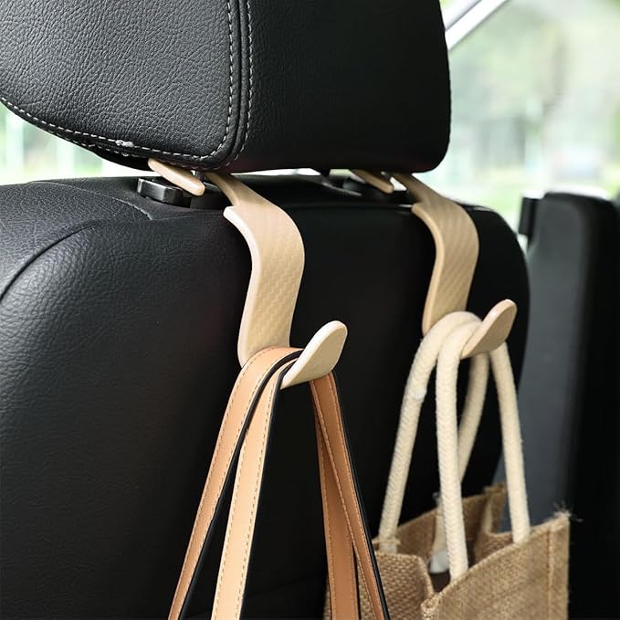 Osilly Car Seat Headrest Hook, 4 Pack Auto Seat Hanger Storage Organizer for Purse Handbag Coats Grocery Bags, Car Interior Accessories, Universal Vehicle Backseat Plastic Hanging Hook (Beige)