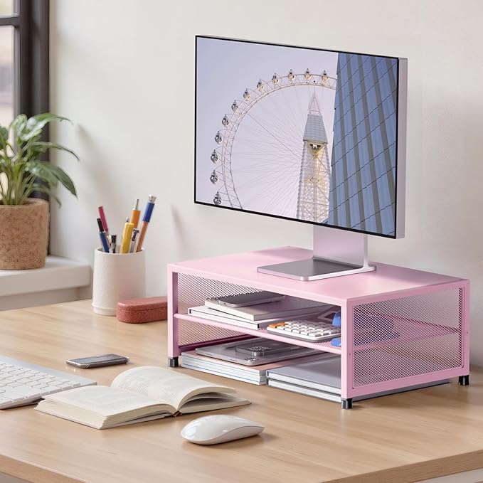 ECOLOVI 2-Tier Computer Monitor Stand Riser, Desk Organizer for Monitor, Printer & Laptop Stand, Desktop Workspace Organizers for Office Supplies(Pink)