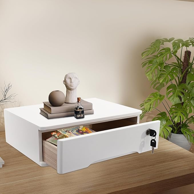 Xuthusman Desk Organizer with Drawer, Wooden Desktop Storage Box with Lockable Office Supplies Drawer Organizer Tabletop Storage Multifunctional Desktop Storage Box for Office Study Dresser（white）