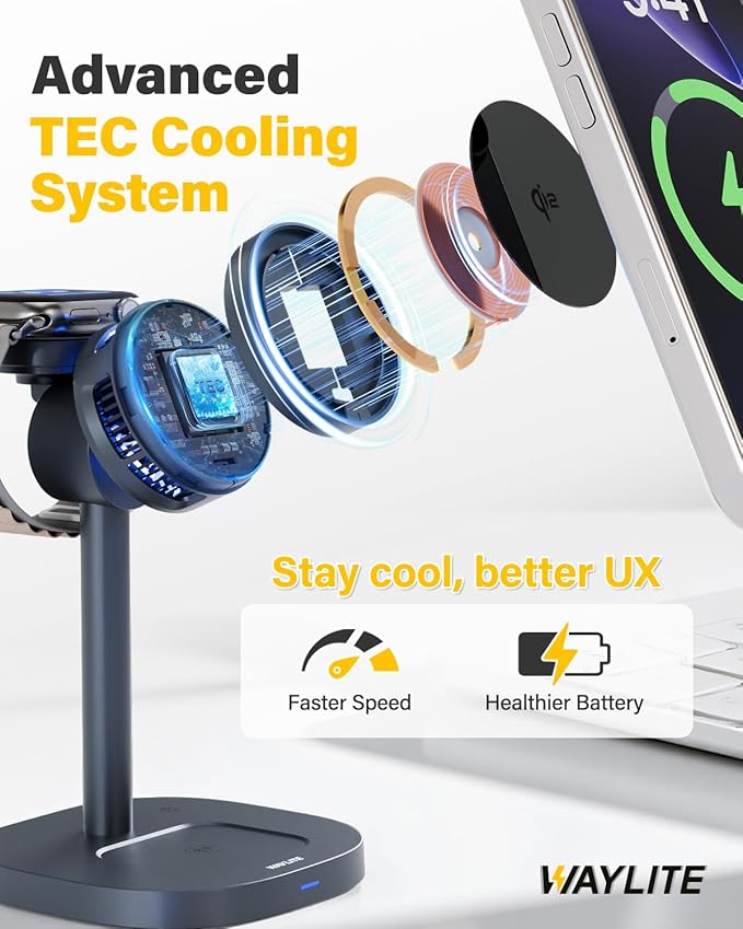 3 in 1 Wireless Charging Station for Apple MagSafe Charger Stand,15W Fast Phone and Watch Charger with TEC Cooling, Magnetic Wireless Charger for iPhone17 16 15 14 13, Apple Watch, AirPods, Gray