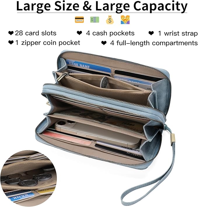 FALAN MULE Wallet for Women RFID Blocking Leather Large Capacity Zip Around Ladies Card Holdr Phone Purse Wristlet