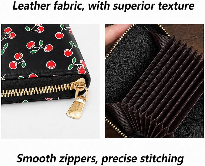 Ladies change card bag, zip storage bank card case, small portable 11 large capacity pouch, holds banknote change credit card(Black cherry)