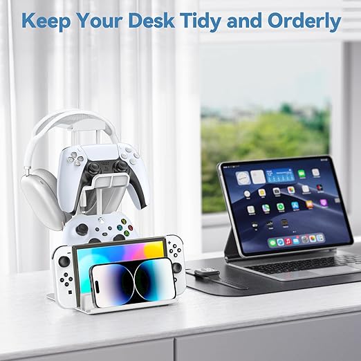 KDD Headphone Stand, Controller Holder & Headset Holder for Desk, Earphone Stand with Aluminum Supporting Bar, Universal Storage Organizer Headphones/Controller/Switch/Mobile Phone(White)