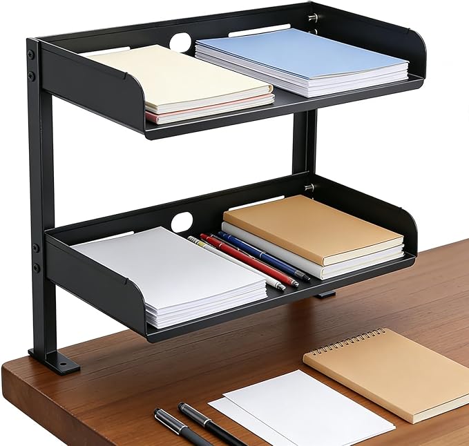 CanKing Clamp Desk Shelf 2 Layer Clip On or Under Table Organizer, Black, 16 inch