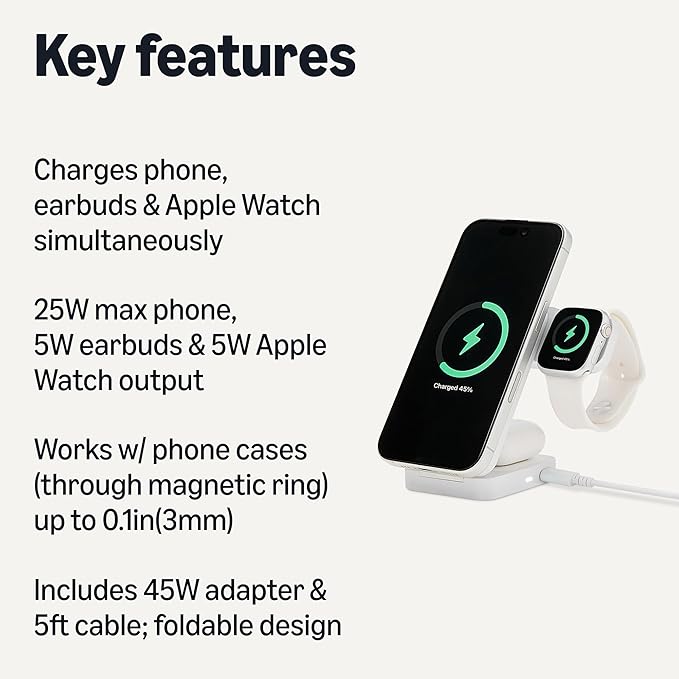 Amazon Basics MagSafe Compatible 25W Fast Charging Qi2.2 Certified 3-in-1 Wireless Charging Station, Foldable Stand for iPhone 17/16/15/14/13/12, Apple Watch, AirPods, with 45W Adapter, White