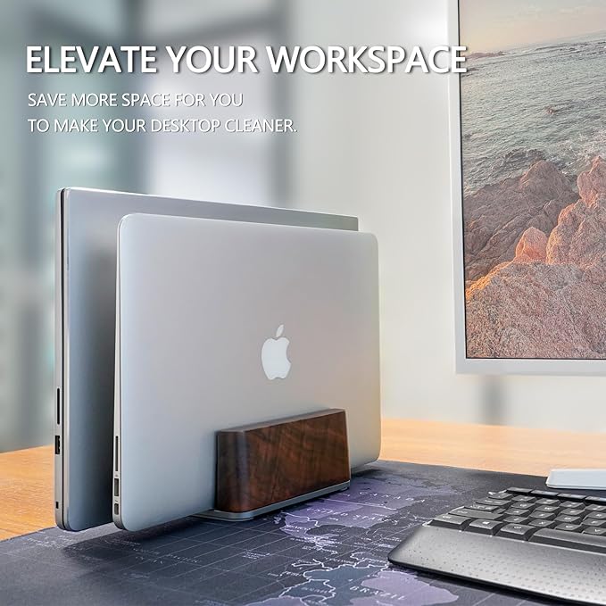 GEVO Vertical Laptop Stand for Desk - Laptop Holder for MacBook and Other Laptops - Wooden Office Desk Accessories