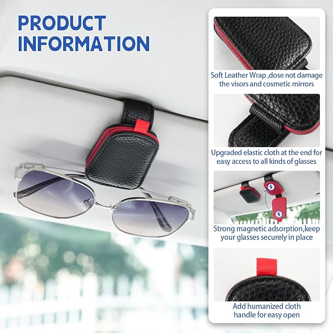 JUSTTOP 1Pack Sunglass Holder for Car, Magnetic Leather Buckle Sun Visor Sunglass Clip, Ticket Card Clip Sunglasses Mount, Car Interior Accessories for Men and Women (Black-Red)