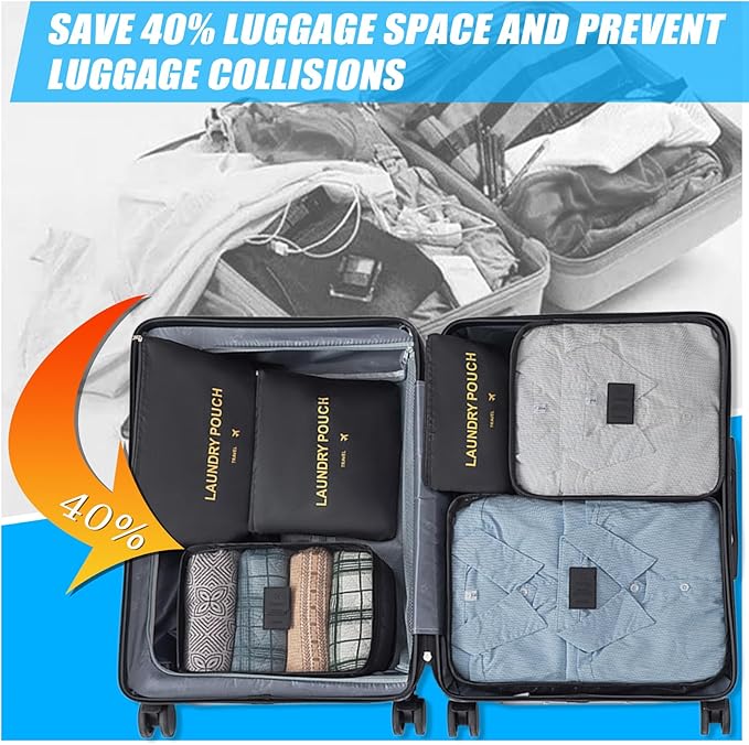 6 Set Packing Cubes for Travel Luggage Packing Bags Reusable Waterproof Suitcase Organizer Bags Set with Shoe Bag and Toiletry Bag (Black)