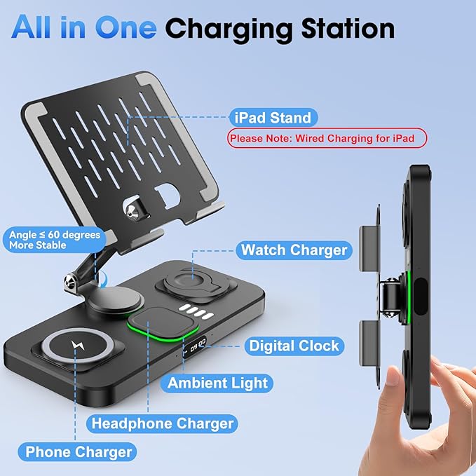 6 in 1 Wireless Charger for Apple Multiple Devices, Charging Station with Clock &7 Color Ambient Light, Foldable Rotate Stand for iPad, for iPhone17/16/15, Support for Apple Watch11/10 For AirPods4