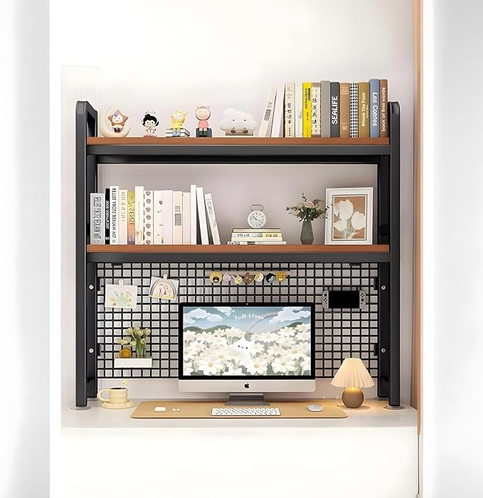 Desk Hutch, 37.4 in Desk Shelf for Top of Desk with Grid Panel, Desk Hutch Top Only, Over Desk Storage for Home, Office and Dorm