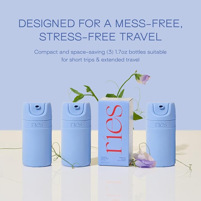RIES Airless Pump Travel Bottles | Set of 3 Tsa Approved Leak Proof Containers | 1.7 oz BPA Free Refillable Travel Size Bottles | Runway Blue