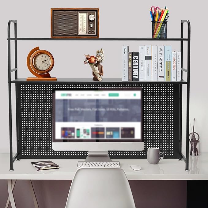 Desk Hutch Shelf 2 Tier Countertop Desktop Bookshelf with Pegboard, Metal Desk Top Bookcase for Computer Desk, Desk Storage Organizer Rack for Dorm Office Home Bedroom(Black, 115cm/45.3in)